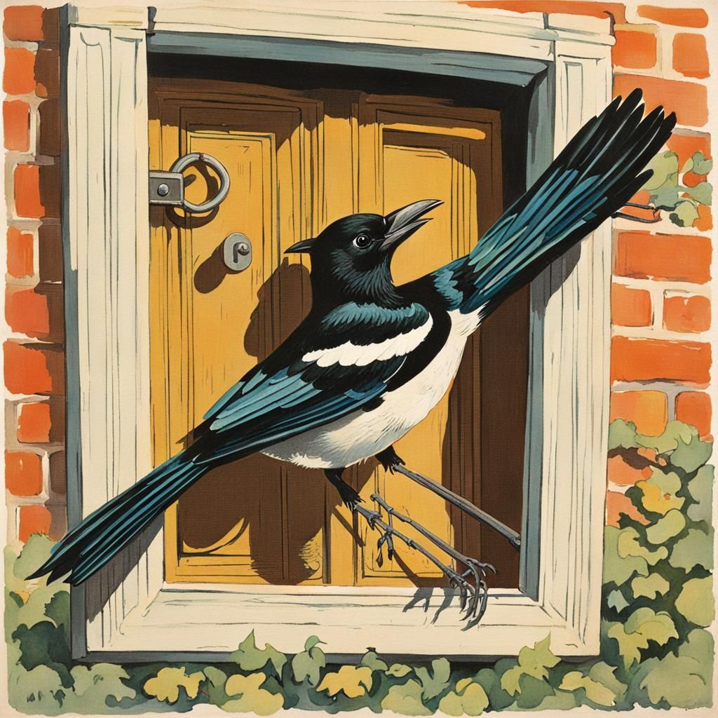Magpies and the Secret Door: Gouache Painting