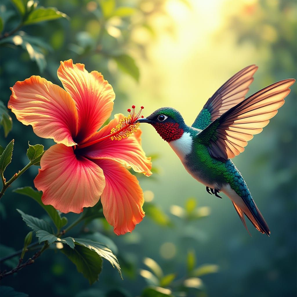 Hummingbird Sipping Nectar, Hyperrealistic Gouache Art