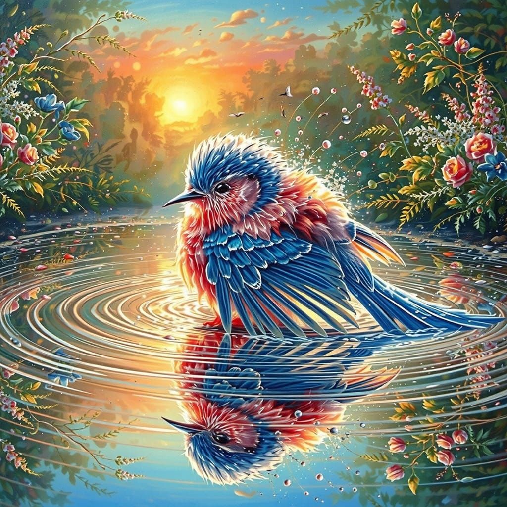 Serene Bird in Reflective Water, Vibrant Sunset Background