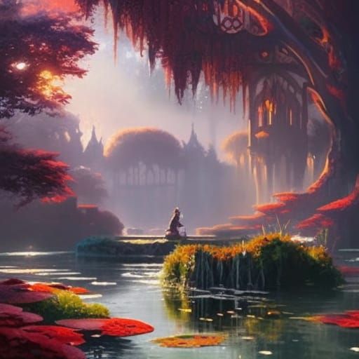 Exotic Overgrown Gothic Garden in Crimson Sunlight