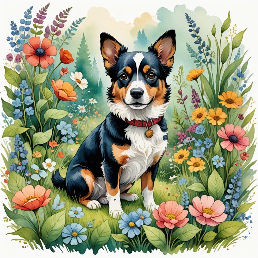 Whimsical Dog in Lush Greenery