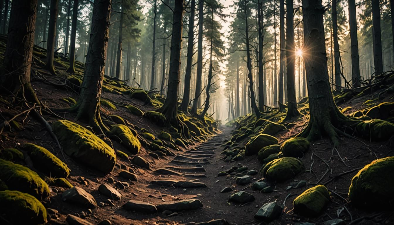 Sunlit Path Through a Dark and Sinister Forest