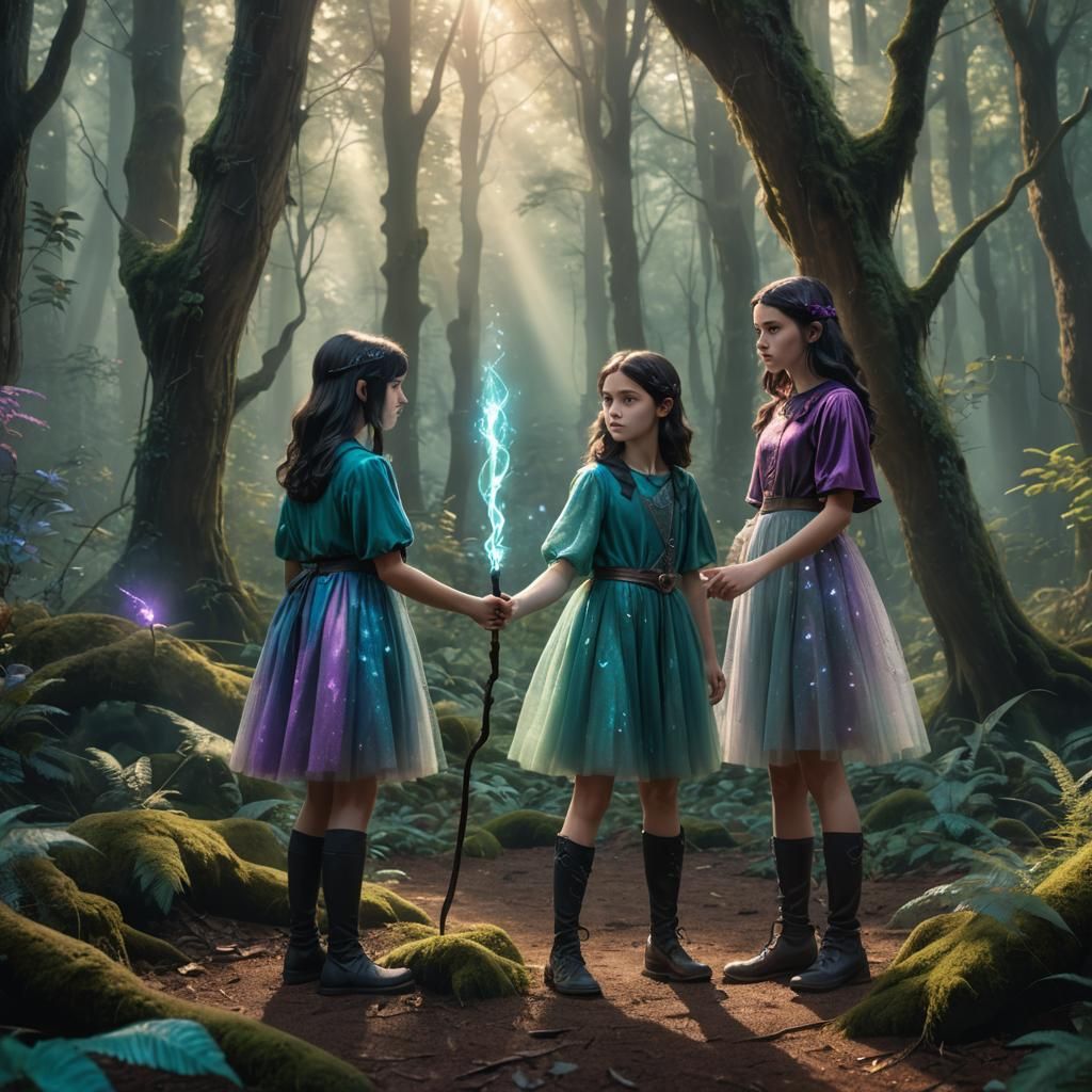 Mystical Forest: Two Girls with Magic Wands