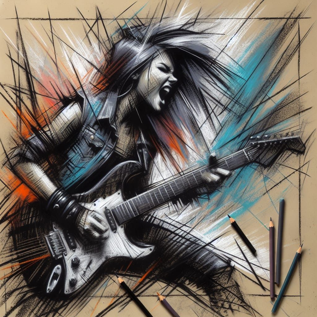 Energetic Punk Woman: Abstract Portrait in Charcoal and Wate...