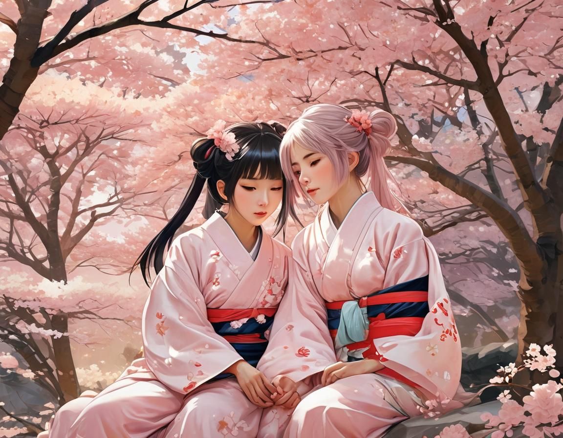 Anime Sisters Under Cherry Blossoms in Watercolor Style