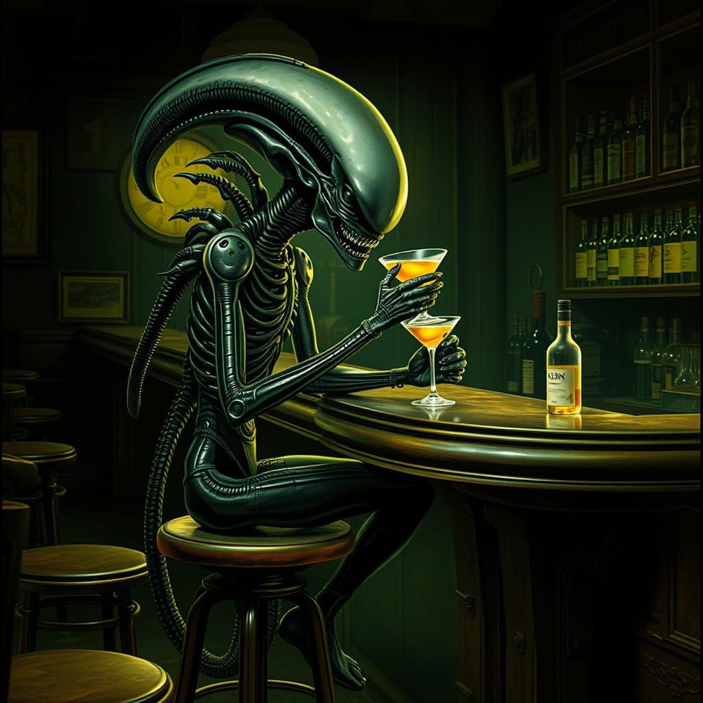 Giger Alien Sits on a Bar Stool Enjoying a Cocktail