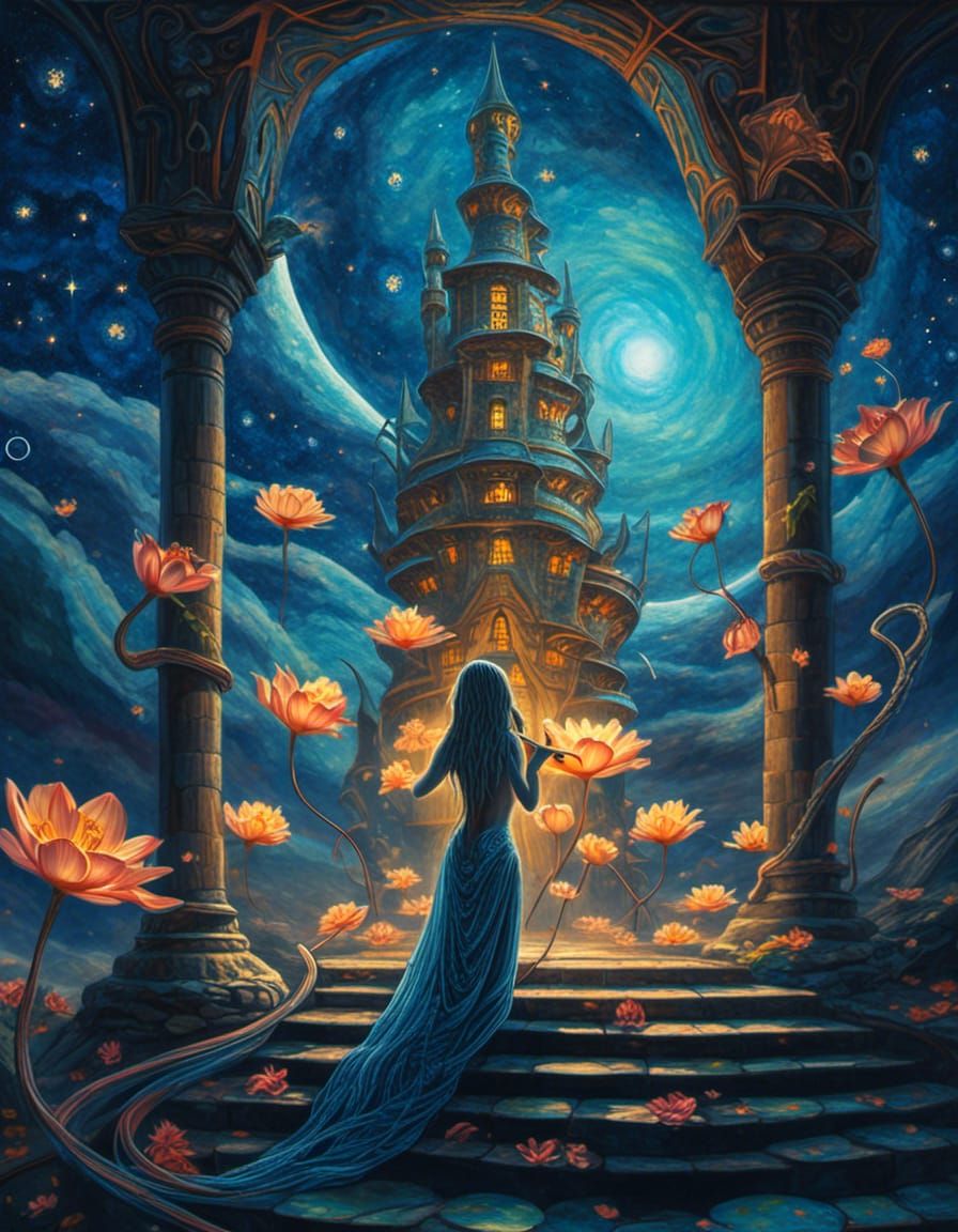 <lora:Lily Pad:1.0> Alien with very long hair inside a tower...