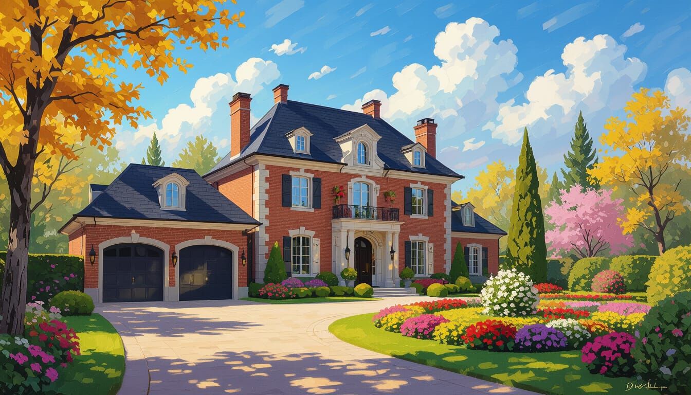 Grand Chateau with Vibrant Garden and Painterly Realism