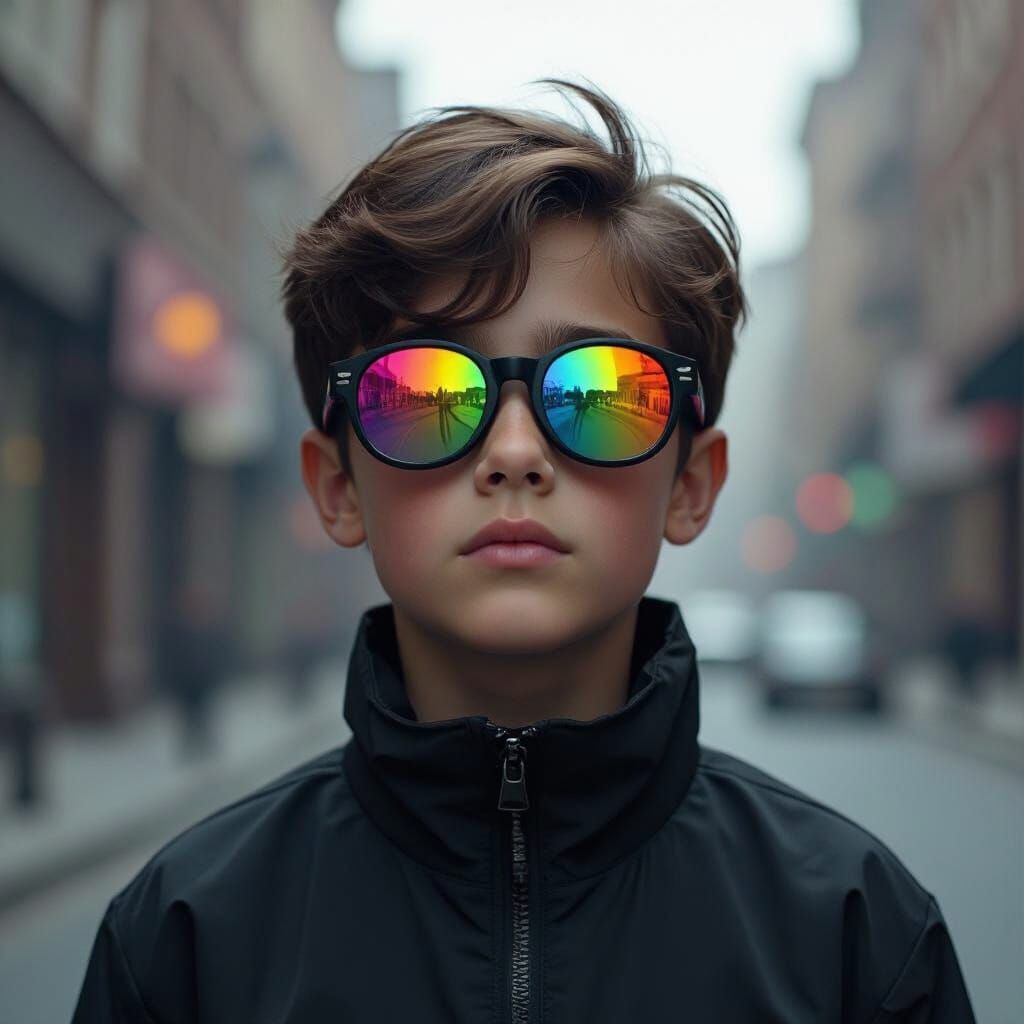 Monotone Boy with Rainbow Glasses, Futuristic Style