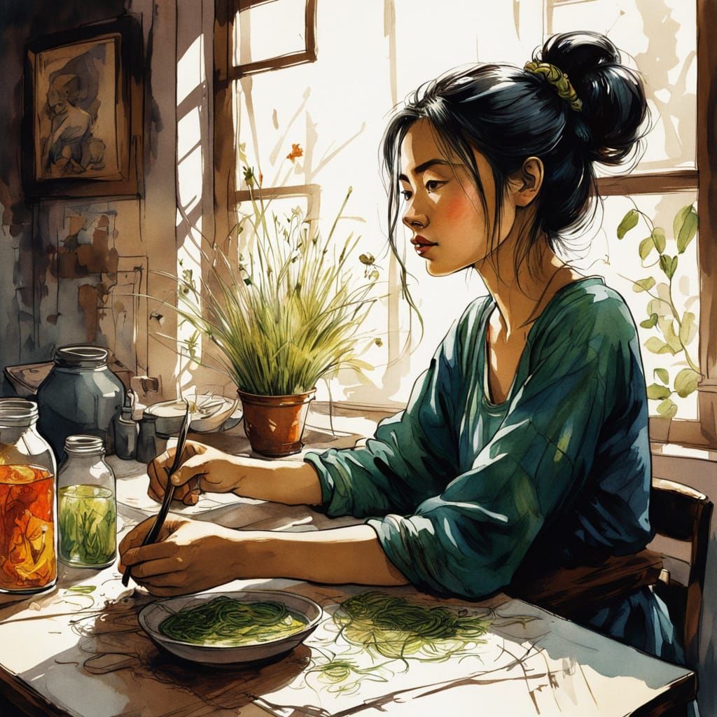 Vietnamese Woman with Crickets: Ink Illustration