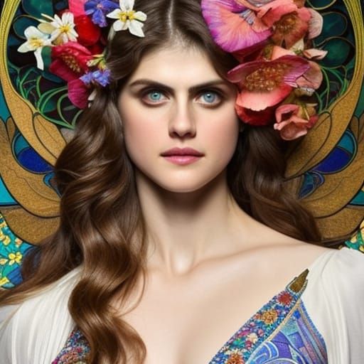 Alexandra Daddario Art Nouveau Portrait with Flowers