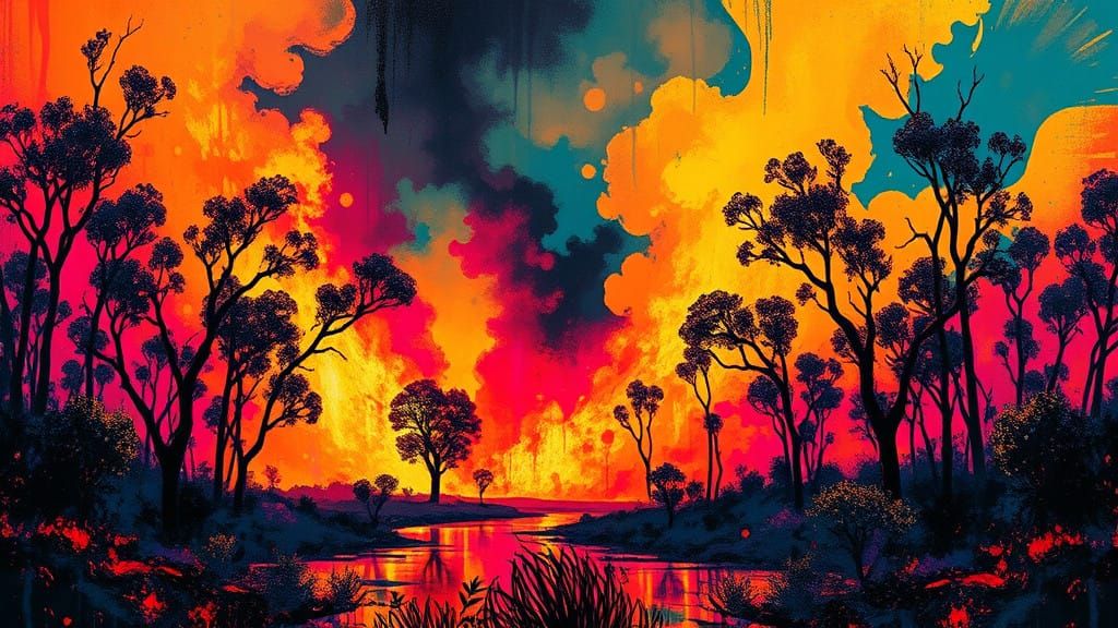 Dramatic Australian Bushfire Scene in Vibrant Graffiti Art