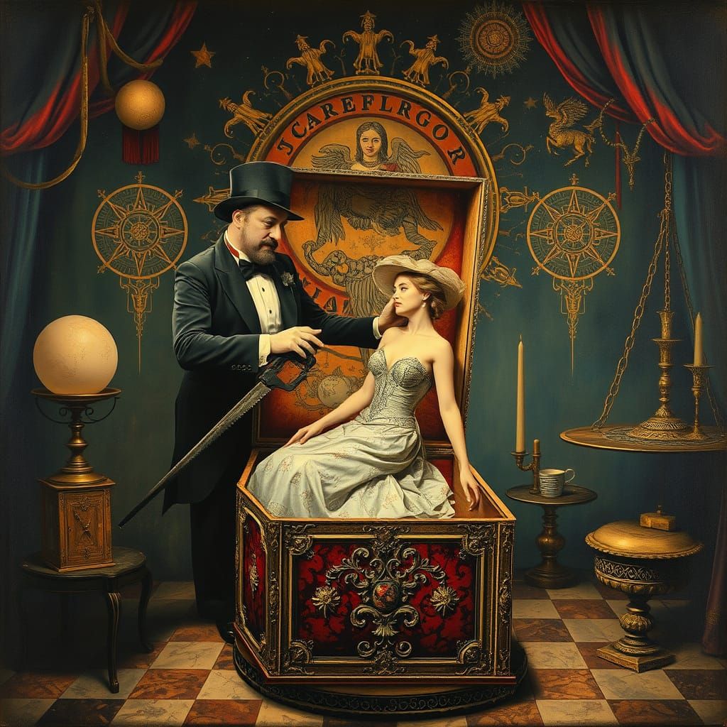 Magician Sawing Woman: Mixed Media Assemblage Art