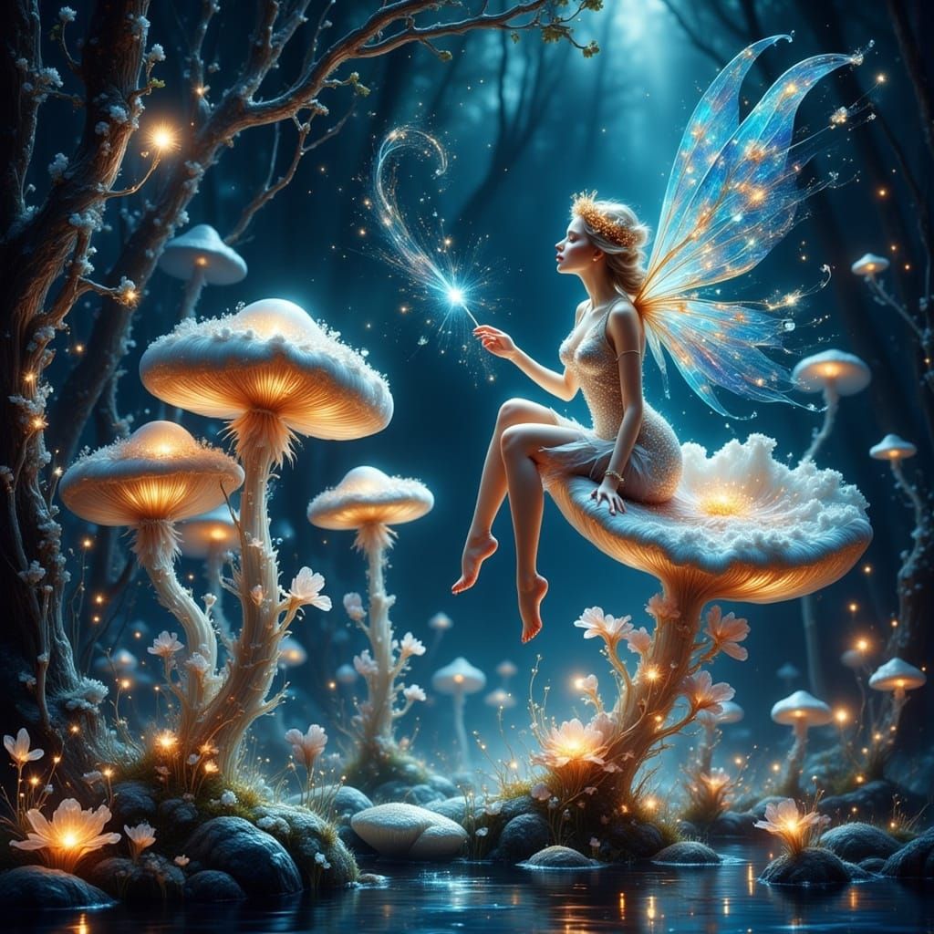 Ethereal Fairy Artist Paints Galaxy on Luminous Mushroom