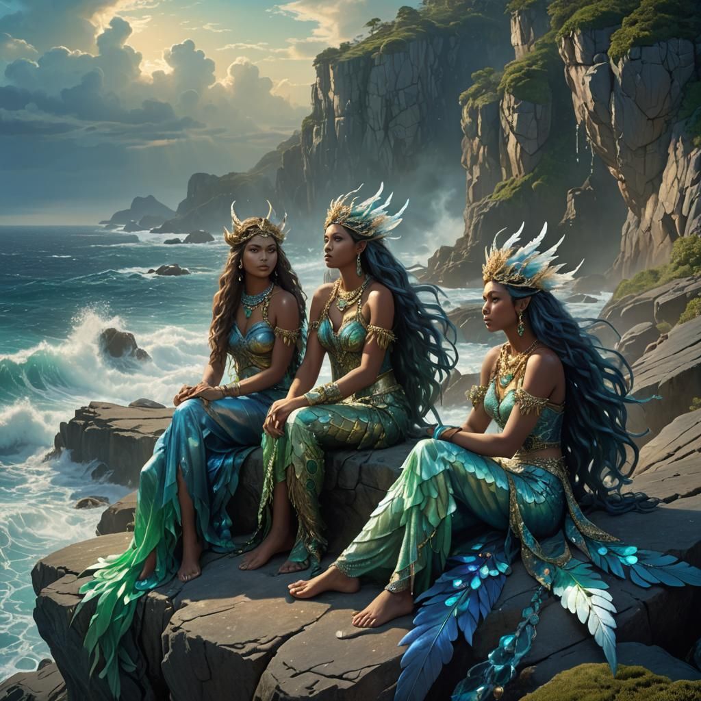 Mythical Sirens Overlook Mystical Ocean: Fantasy Art