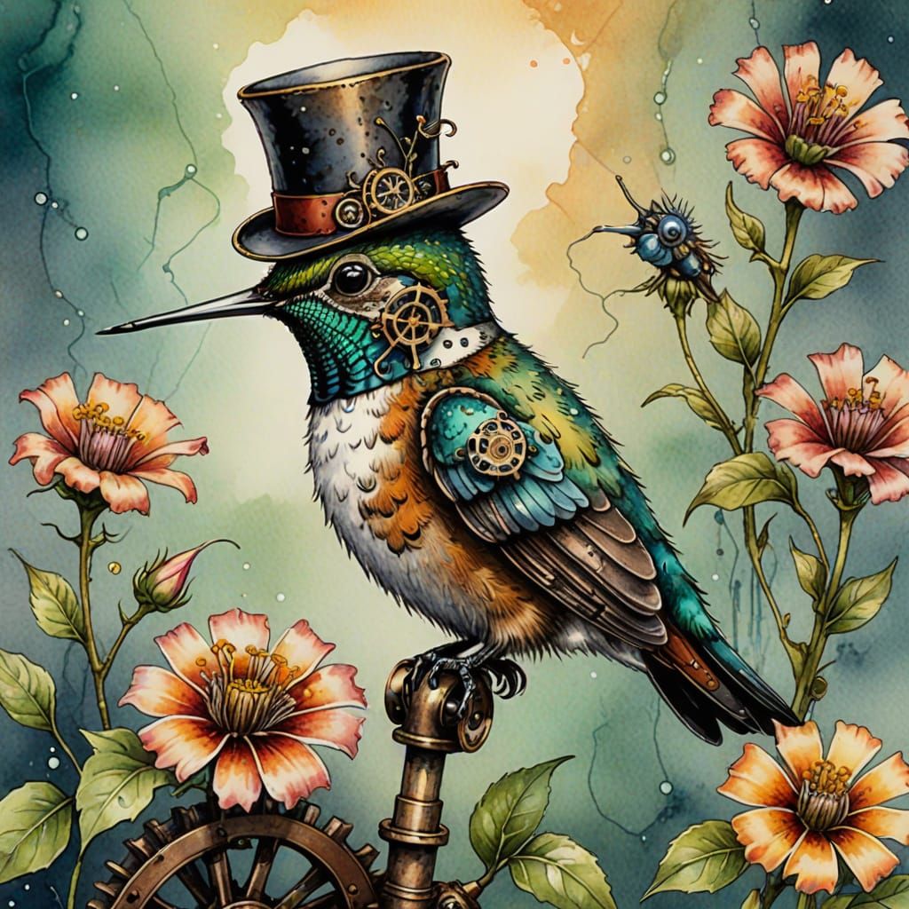 (1 like) - Watercolor and ink. Medium shot. A steampunk humm...