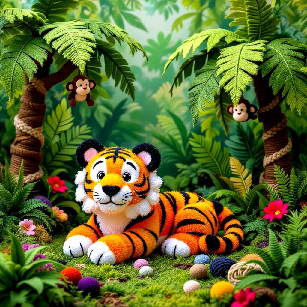 Pom Pom Tiger in Whimsical Yarn Jungle Scene