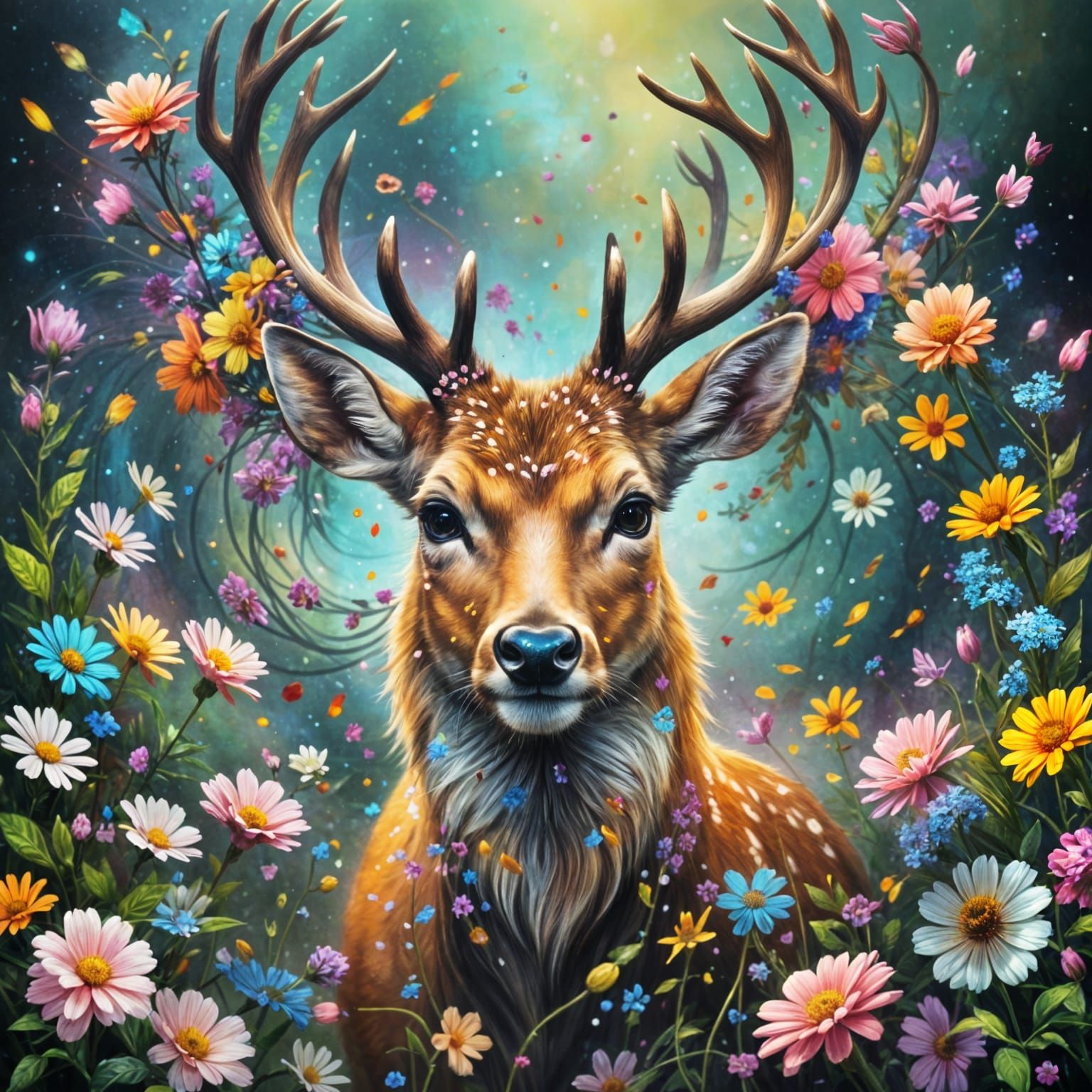 Stag Portrait in Flower Vortex, Detailed Oil Painting