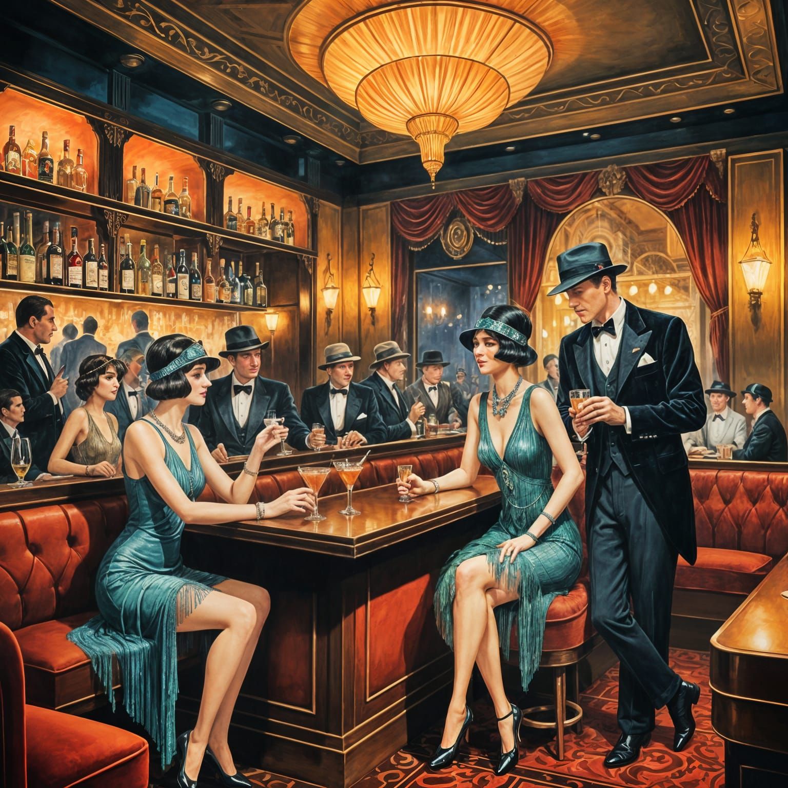 A cozy, dimly lit bar with velvet booths, art deco details, ...