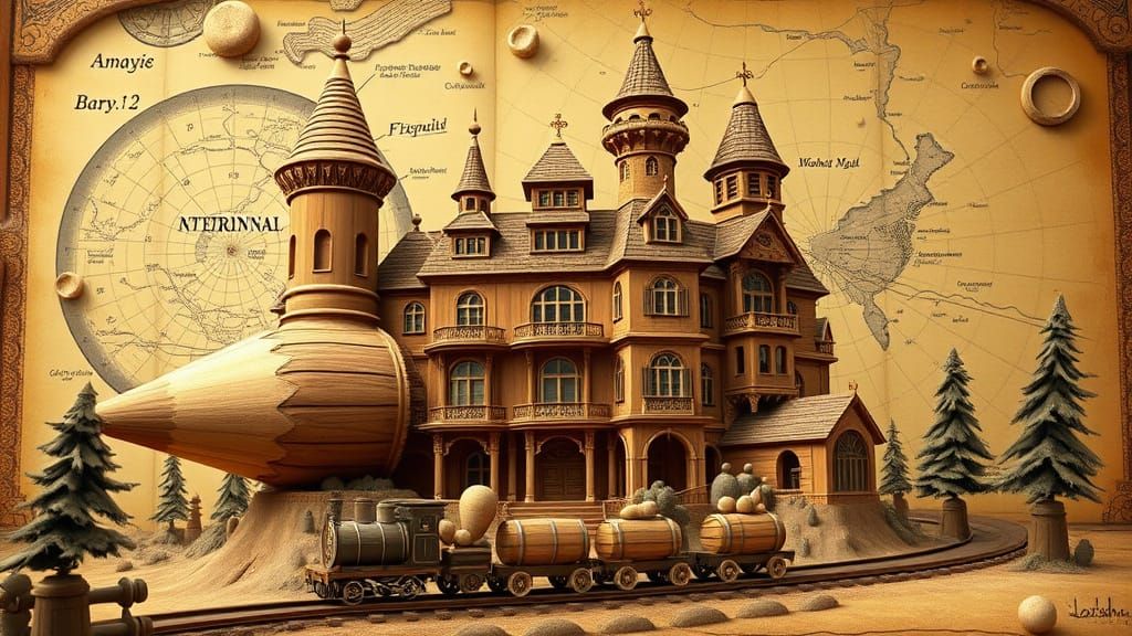 Whimsical Pencil Mansion in 3D Rendered Style