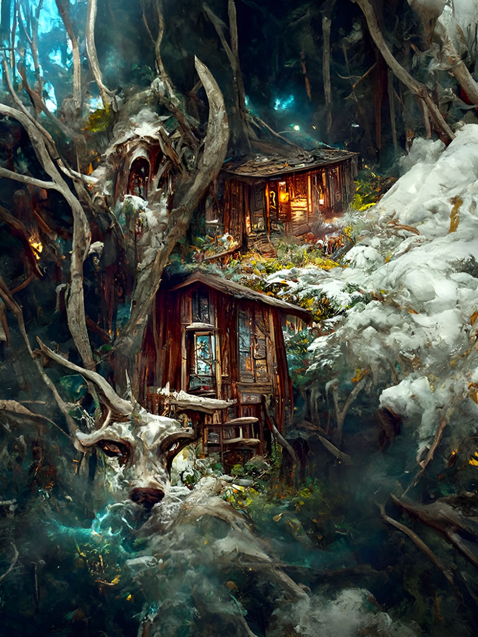 Enchanted Cabin in Woods: Fantasy Digital Art