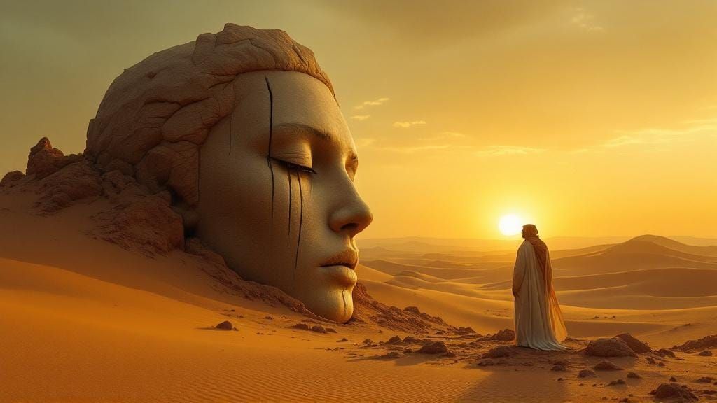 Surreal Desert Scene with Colossal Stone Head