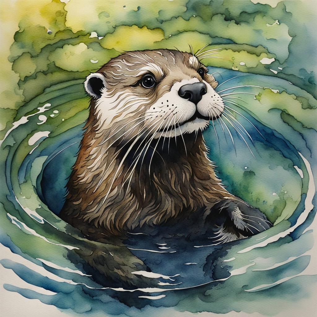 Happy Otter in Watercolour Pool
