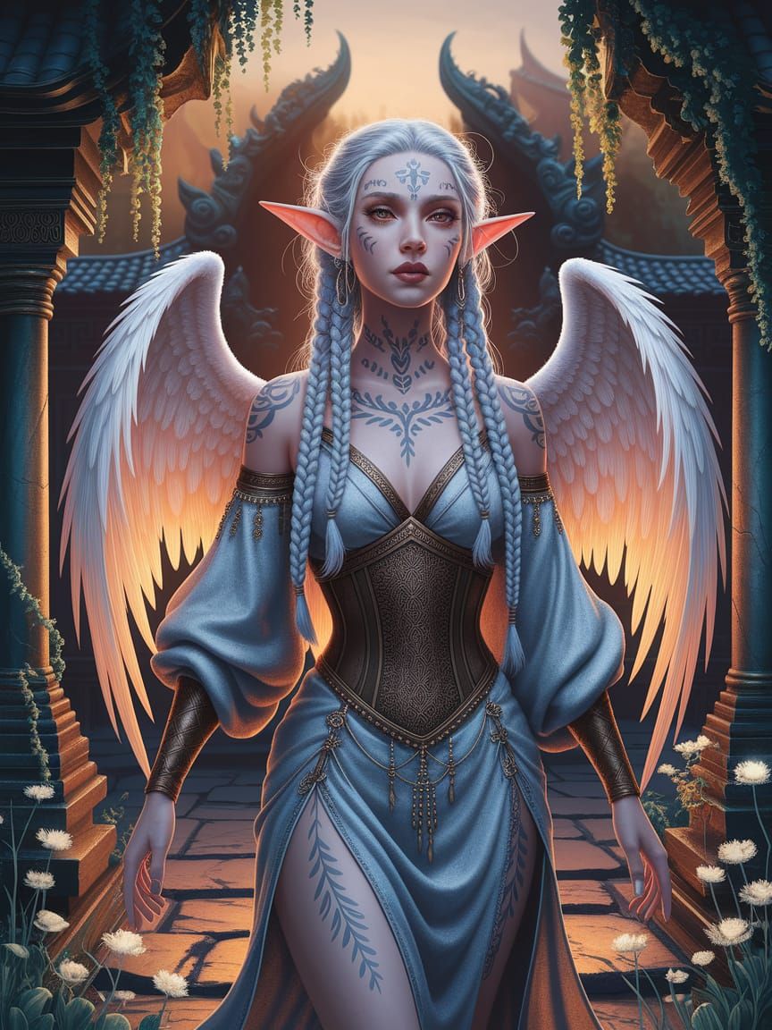 Fantasy Angel with Tribal Tattoos in Pointillism Style