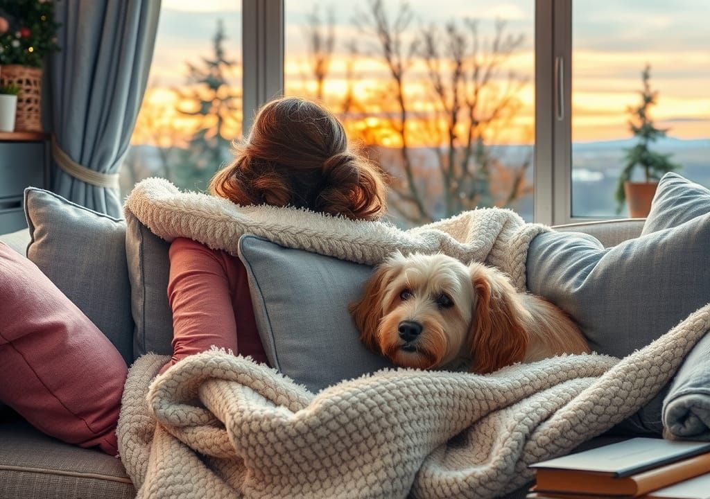 Cozy Watercolor: Woman and Dog Watching Snowfall
