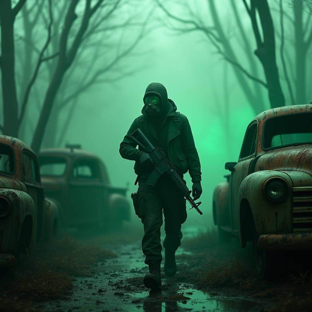 Battle-Scarred Stalker in Radioactive Swamp, Surreal Art