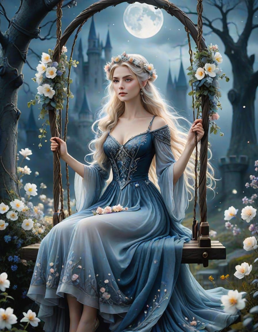 Enchanted Norse Goddess in Whimsical Watercolor Castle Scene