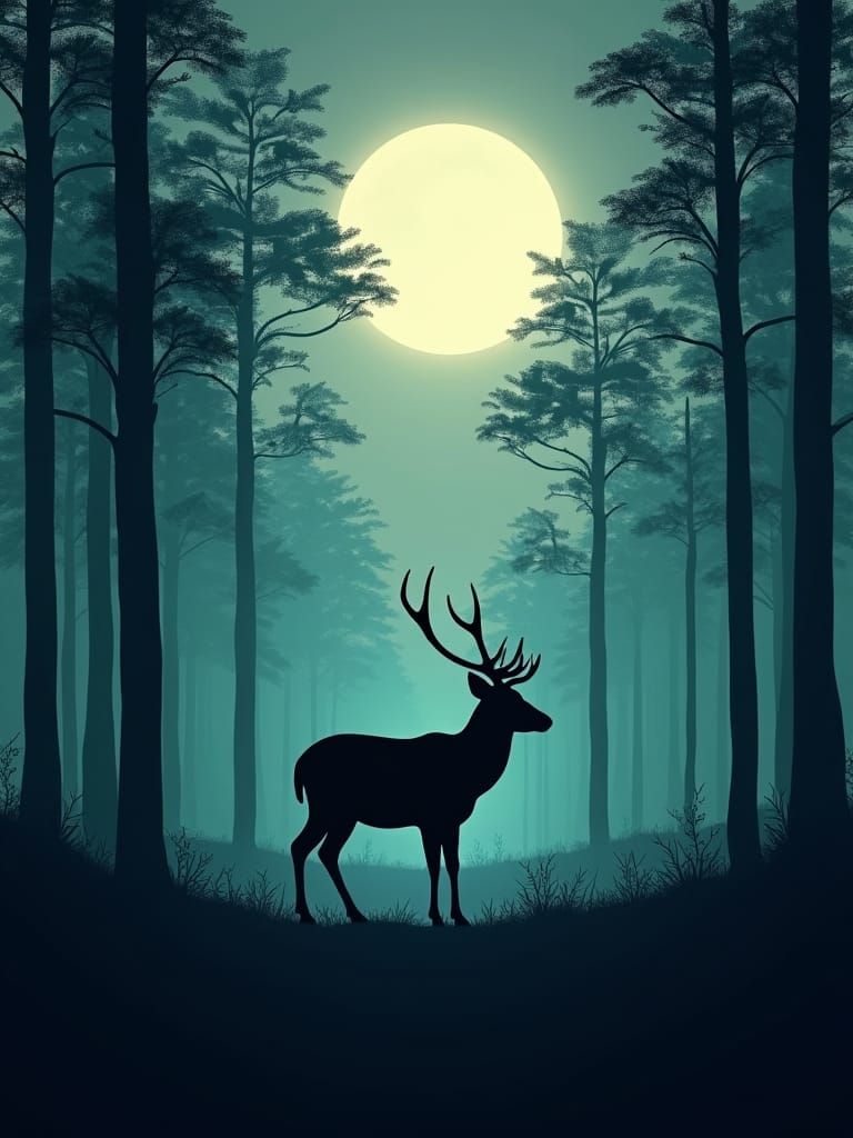 Mysterious Forest Silhouettes with Deer and Glowing Moon