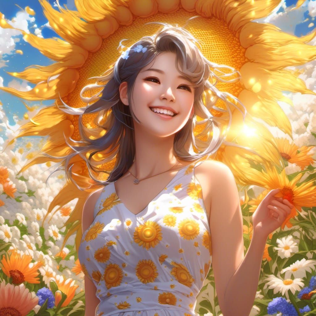Radiant Woman in Sun Dress: Anime-Inspired Portrait