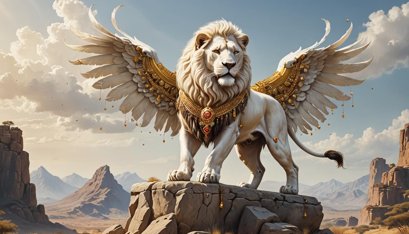 White Lion Adorned with Golden Jewels