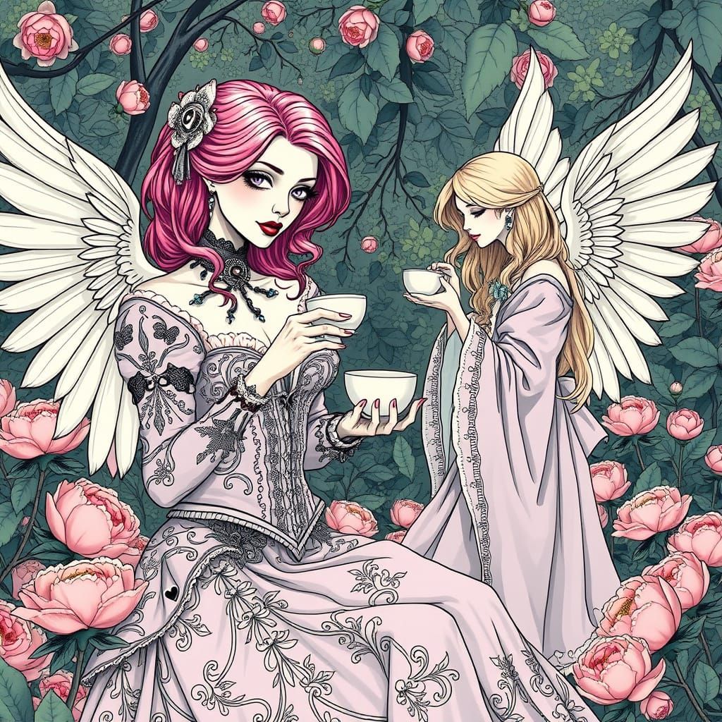Gothic Woman and Angel Tea Party