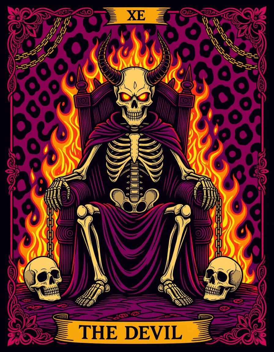 Gothic Tattoo Flash Devil Tarot Card with Fiery Crown