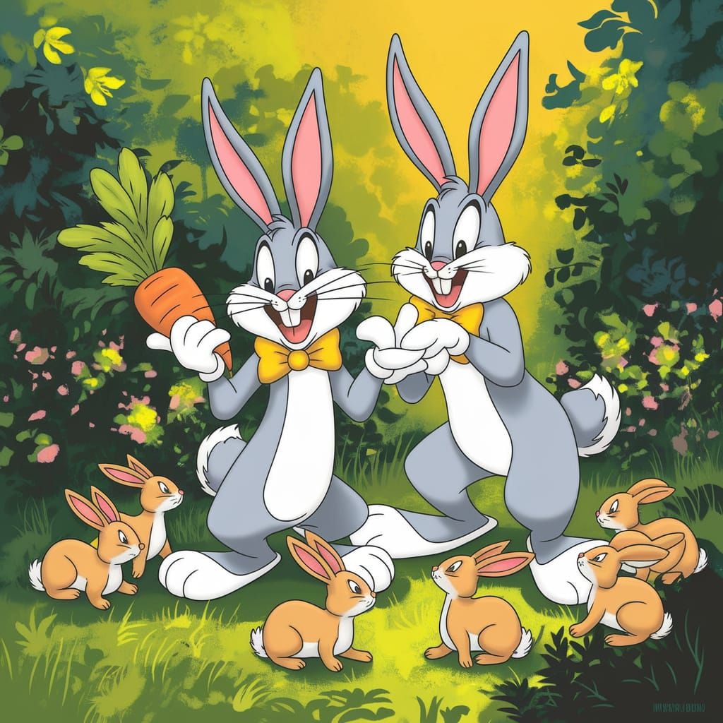 Bugs Bunny and Easter Bunny in Vibrant Garden with Cottontai...