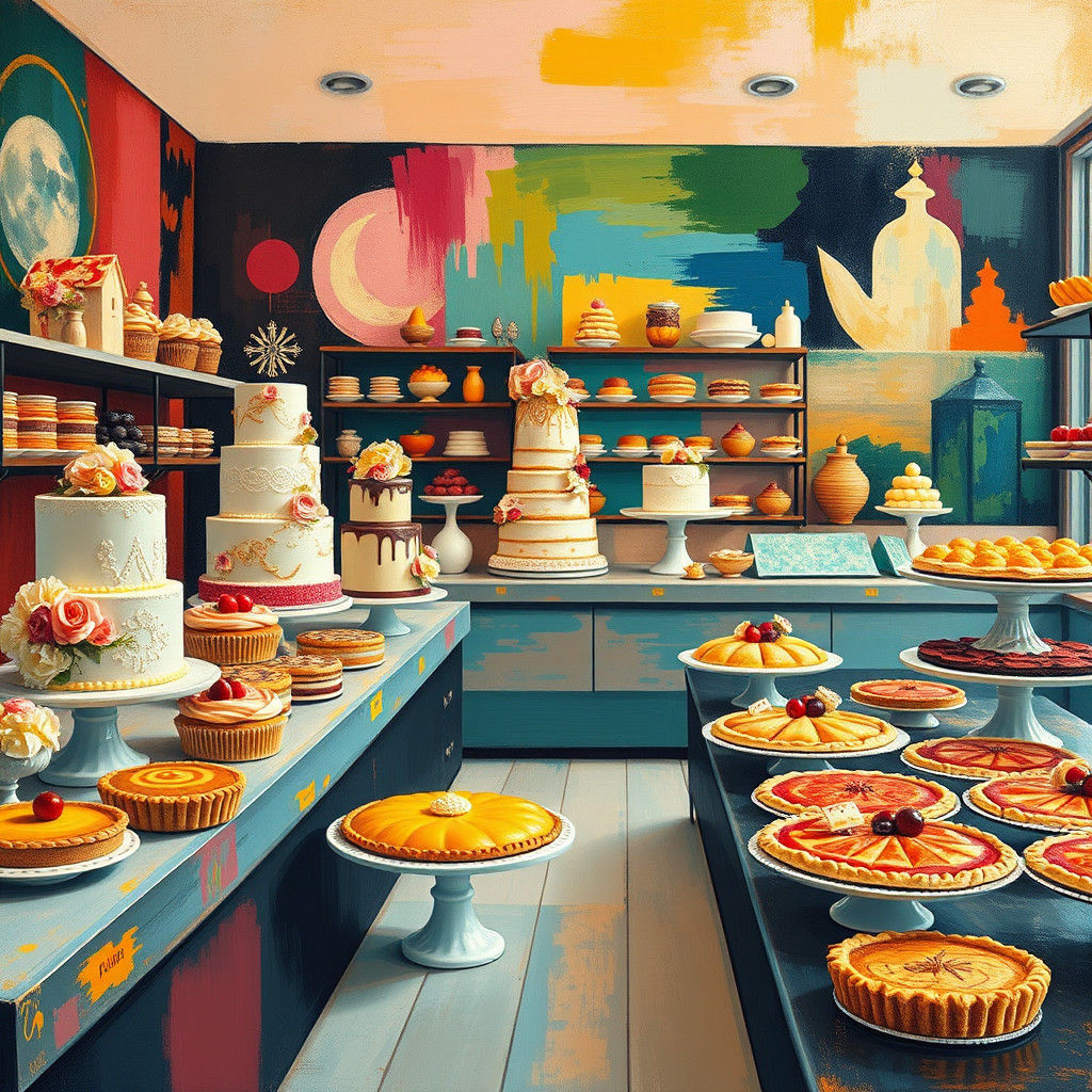 Modern Bakery with Ornate Cakes in Abstract Style