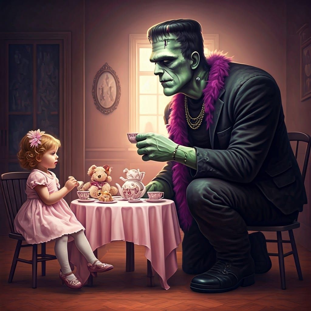 Frankenstein's Monster's Tea Party in Soft Pastels