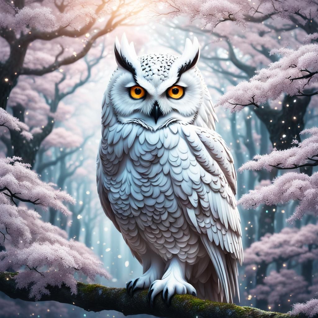 Epic White Owl in Sakura Forest: Fantasy Illustration