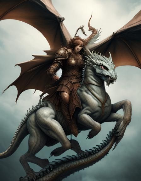 "A warrior riding a dragon"