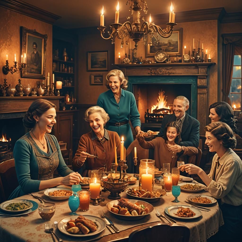 Cozy Family Dinner in Retro Matte Painting Style