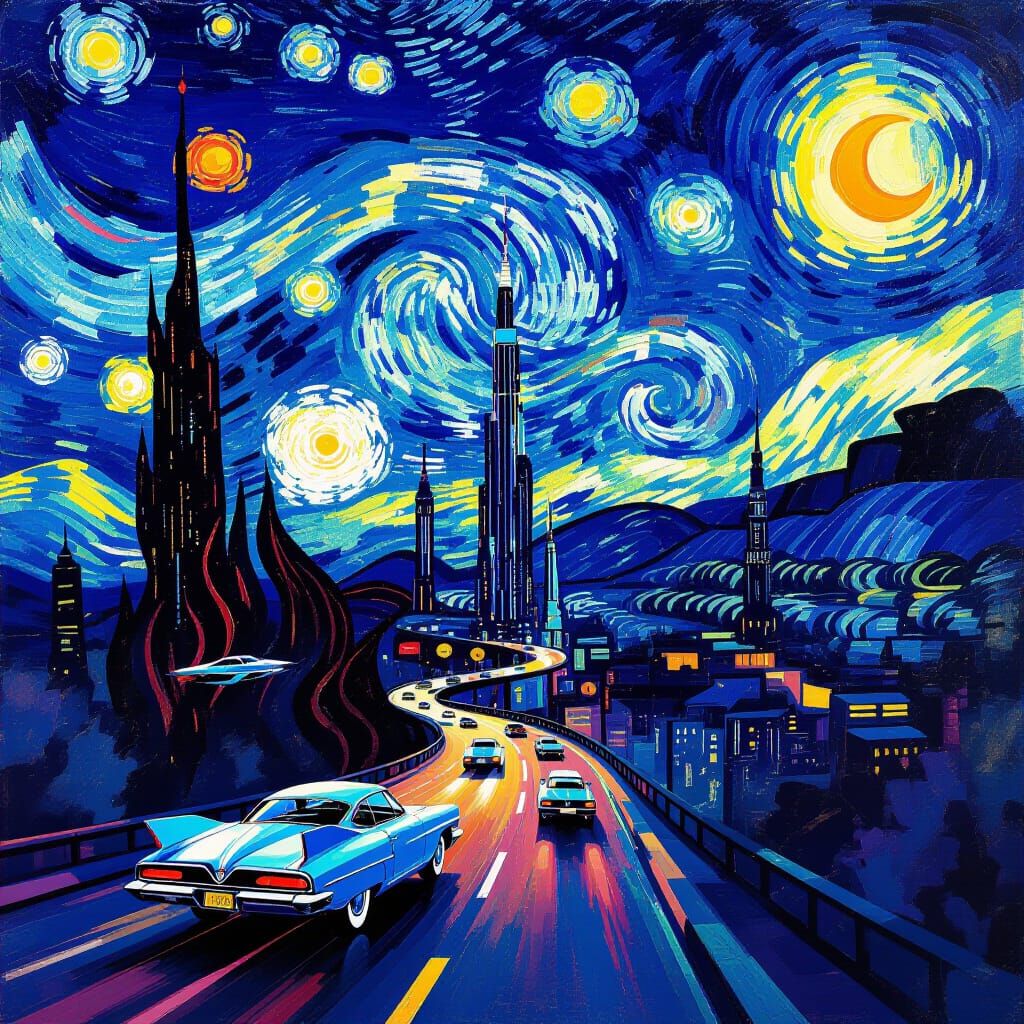 Retro-Futuristic Cityscape Under a Starry Night Sky