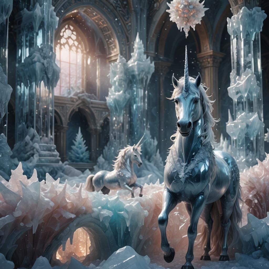 Ice Unicorn Trapped in Frozen Crystal Palace