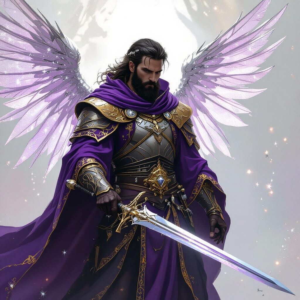 Bearded Angel Warrior with Glitter Wings, Digital Painting