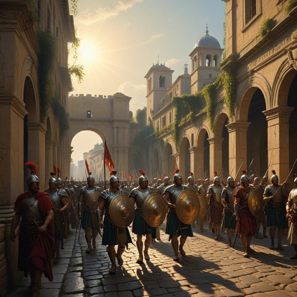 Roman Legion Marches in Grand Style Down Ancient Italian Tow...