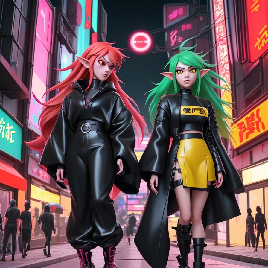 Cyberpunk Elf Couple in Futuristic Japan