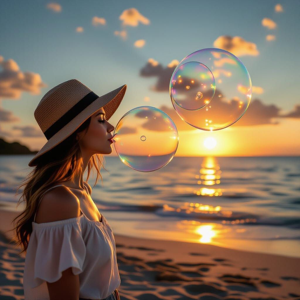 Layered Bubbles on a Sunset Beach: Photorealistic Image