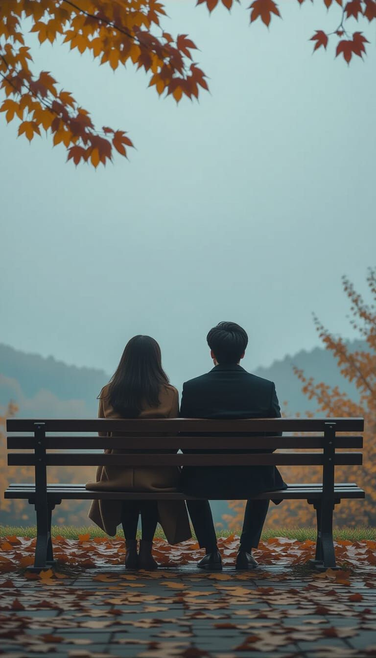 Melancholic Autumn Couple on Bench in Cinematic Style