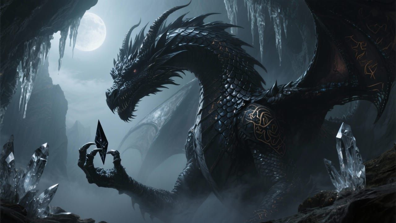 Obsidian Dragon Clutches Shard in Moonlit Cavern